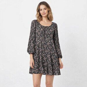 Lucky Brand Printed Flouncey Mini Dress 3/4 Sleeved Black Floral NWT Size XS & L